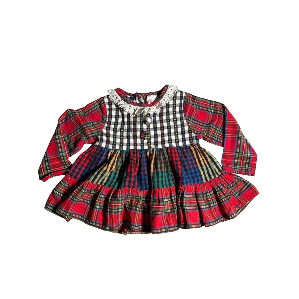 Buster Brown Vintage Girls 2T Plaid Checkered Lace Collar Multi Patchwork play
